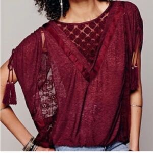 Free People New Romantics Boho Burgundy Lace Women Top size S